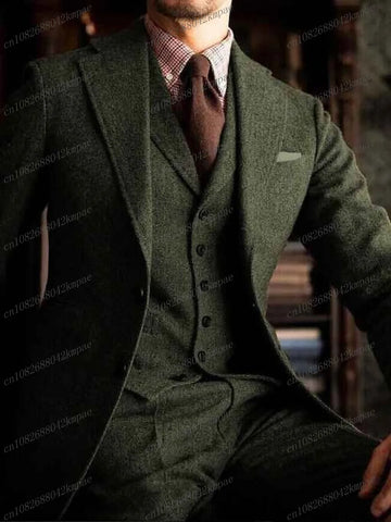 Army Green Woolen Formal Occasion Men Suit Groom Groomsman Wedding Party Prom Business Male Tuxedos 3 Piece Set Blazer Vest Pant