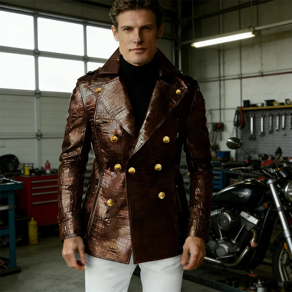 Men's Crocodile Embossed Leather Blazer Double Breasted Trench Coat Wide Lapel Gold Button Slim Fit Jacket For Four Season
