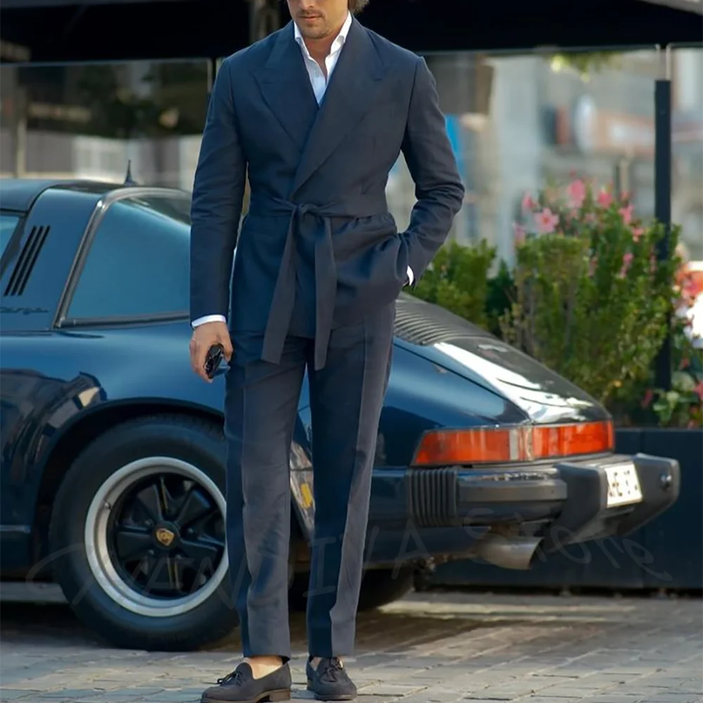 Solid Black Business Suit For Men Formal Occasion Outfit Set Peaked Lapel Jacket Pants Office Work Interview Male Clothing