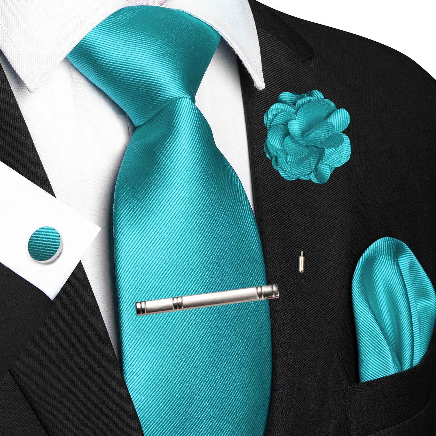JEMYGINS Blue Solid Wedding Tie For Men Handky Cufflink Brooch Gift Mens Elegant Necktie Fashion Business Party Dropshiping