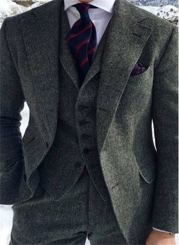 Herringbone Suit Men 3 Pieces Formal Business Tweed Tuxedo for Men Tailor-made Retro Wedding Men's Suit Jacket Vest Pants Set