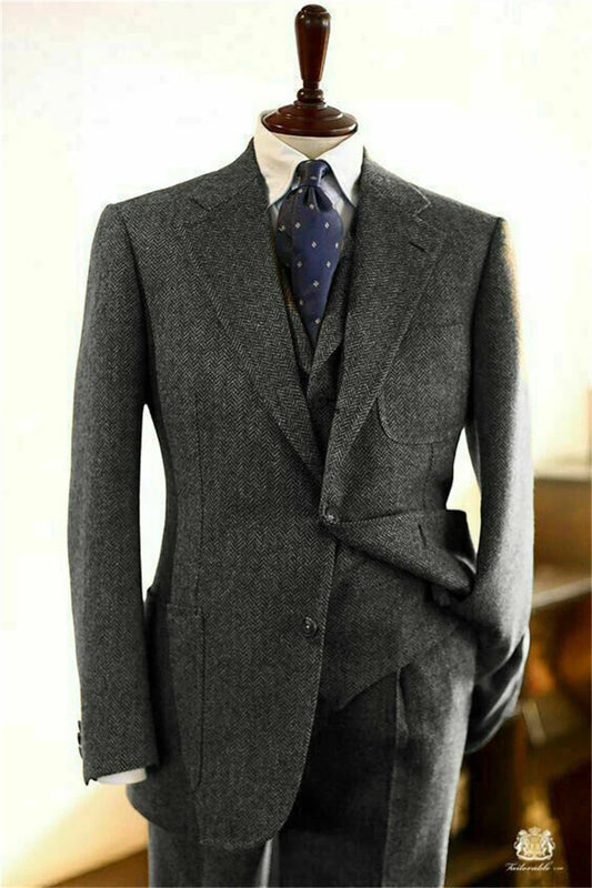 Herringbone Suit Men 3 Pieces Formal Business Tweed Tuxedo for Men Tailor-made Retro Wedding Men's Suit Jacket Vest Pants Set