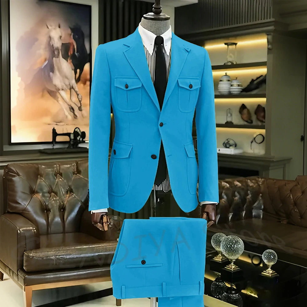 Customized Men Suits Solid Color Four Pockets Notch Lapel Outfits Formal Party Prom Daily Male Sets Two Piece(Blazer+Pants)