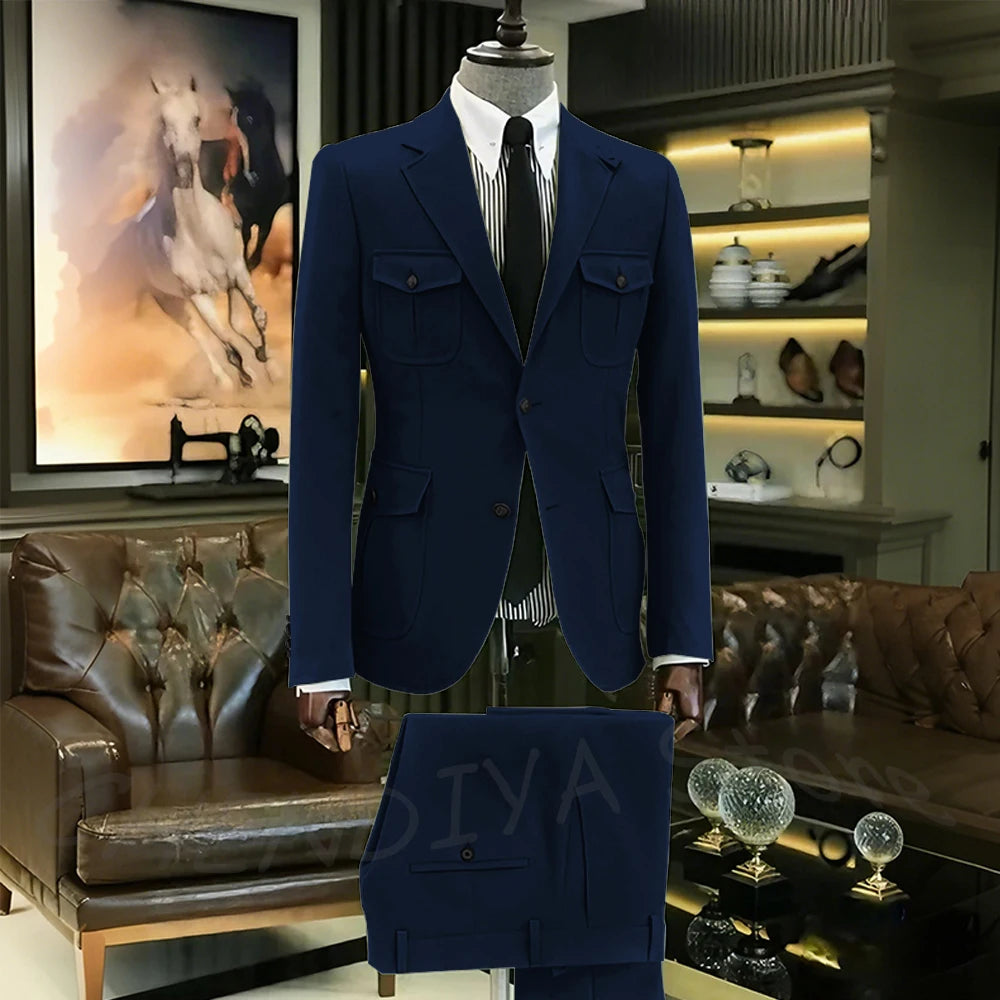 Customized Men Suits Solid Color Four Pockets Notch Lapel Outfits Formal Party Prom Daily Male Sets Two Piece(Blazer+Pants)