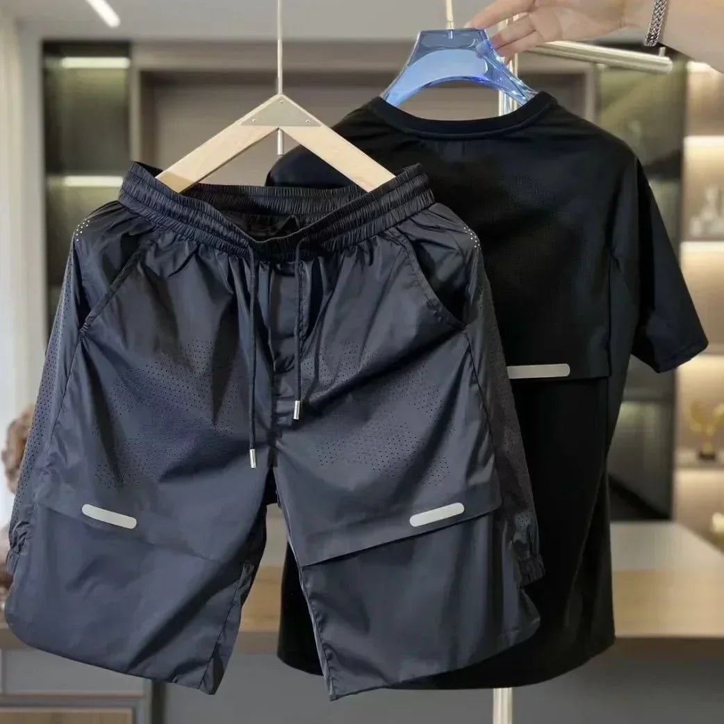 Men's Ice Cool Feel Casual Sets Youth Elastic Loose Sweatshirts Pants Solid Color Quick Dry Breathable Trendy Quality Sportssuit