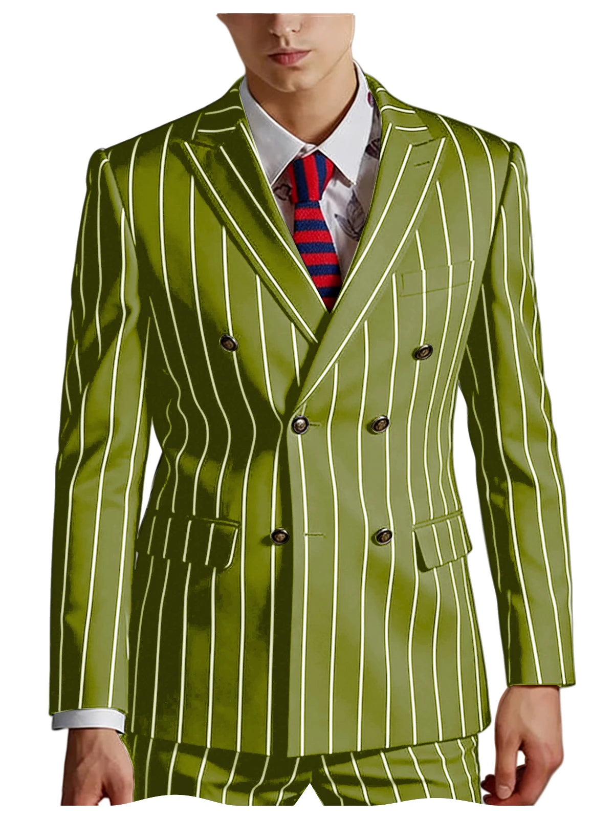 Men's Pinstripe 2 Piece Suit Set Double Breasted Peak Lapel Slim Fit Striped Tuxedo Suit For Wedding Prom Business Formal