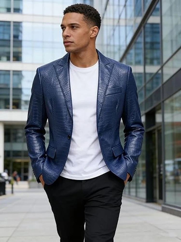 Men Elegant Brown Crocodile PU Leather Blazer Shawl Lapel Long Sleeve Pocket With Belt Business Casual Male Fashion Suit Jacket