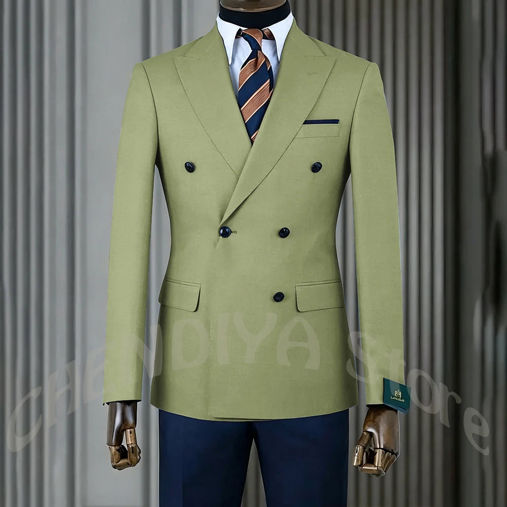 Stylish Men Suits Contrast Color Formal Blazer Male Clothing Double Breasted Business Casual Party Prom Jacket Pants Navy Blue
