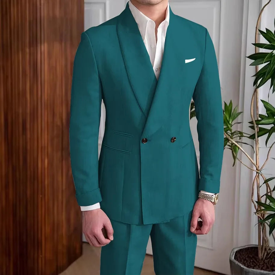 Men's Linen Suit 2-Piece Khaki Shawl Collar Double-Breasted Slim Fit Breathable Jacket and Pants Formal Set for Summer Business