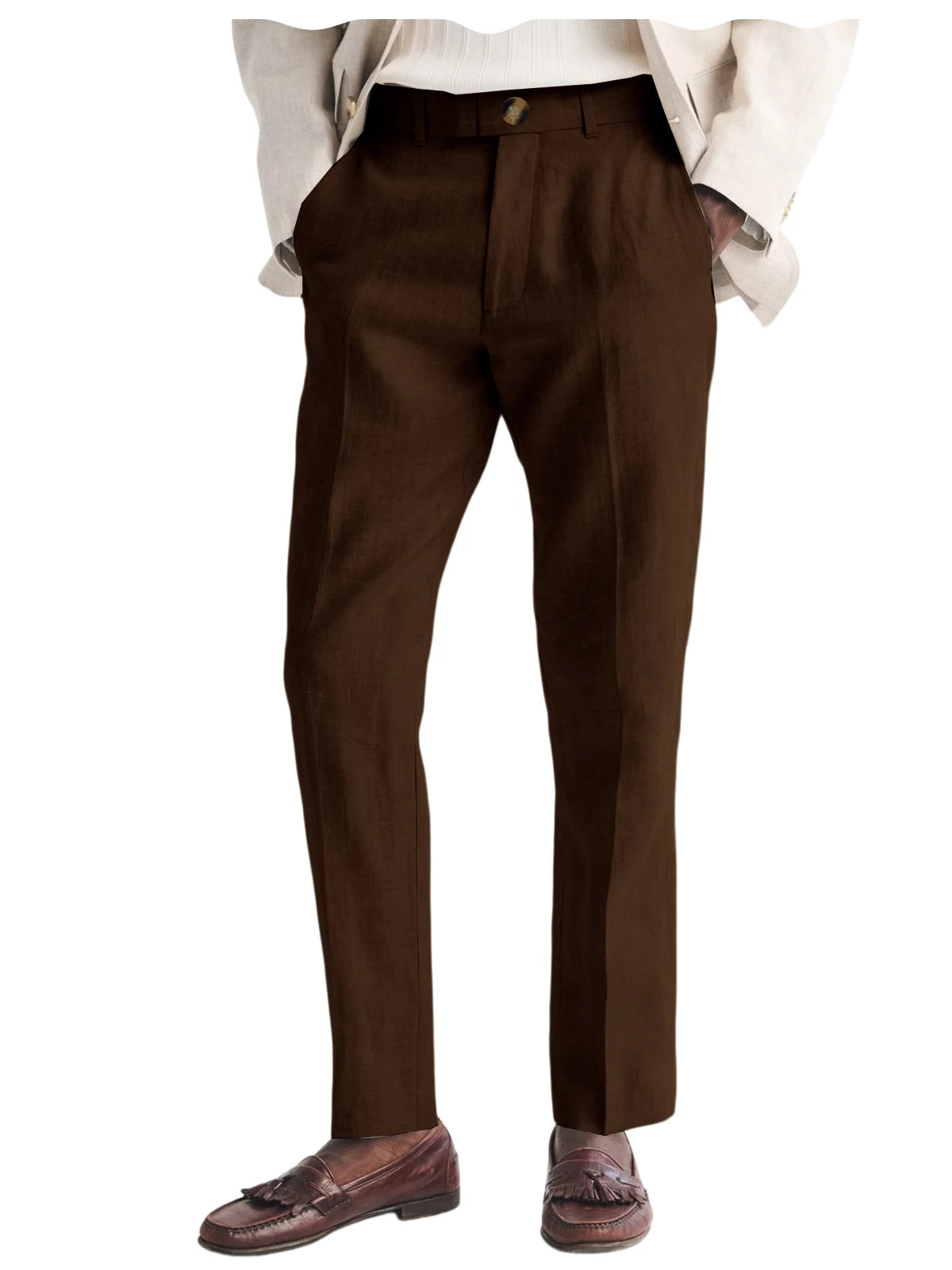 Men's Linen Straight Fit Pants Wrinkle-Resistant Lightweight Breathable Flat-Front Casual Trousers Expandable-Waist For Summer