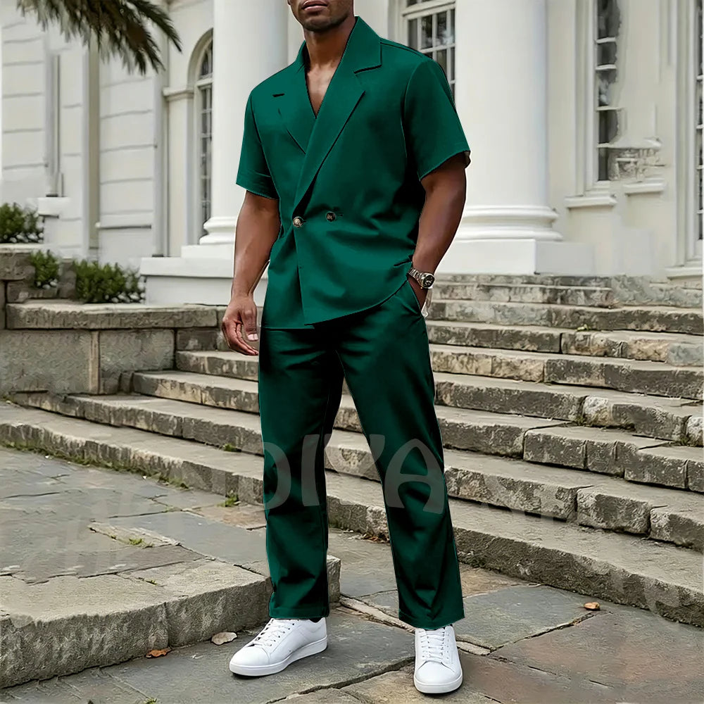 Stylish Men's 2 Piece Sets Notch Lapel Double Button Short Sleeves Blazer Suit Straight Fit Summer Casual Fashion Outfit
