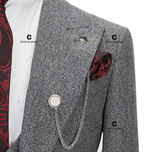 Cenne Des Graoom Elegant Grey Tweed Suits For Men Single Breasted 1 Buttons Jacket Vest Pants Slim Fit Wedding Business Meeting