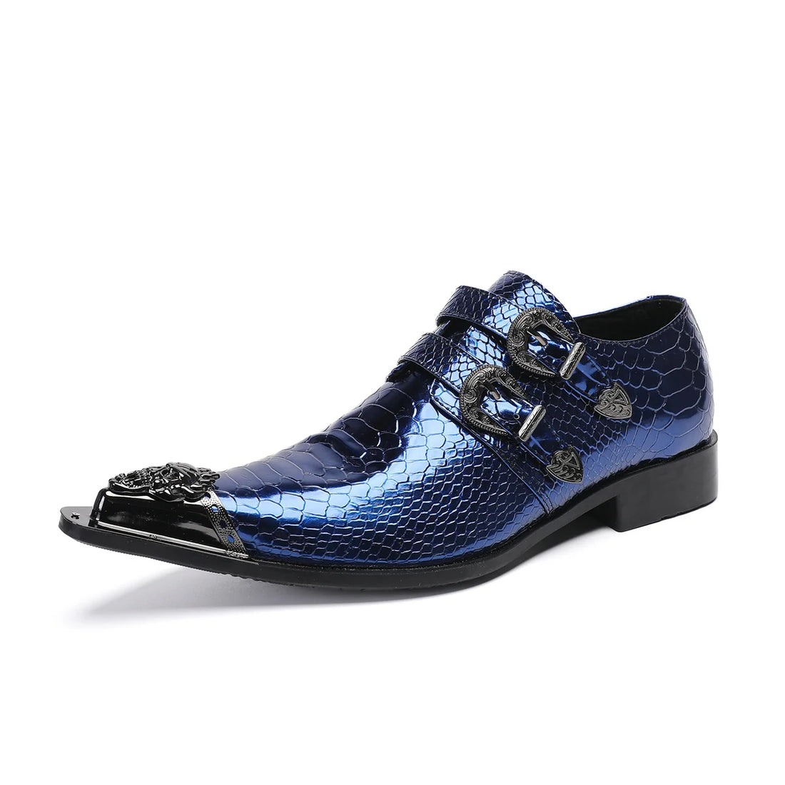 New Large Men's T-Stand Shoes Gold Blue Metal Toe Leather Shoes Spring and Autumn Buckle Punk Party Shoes