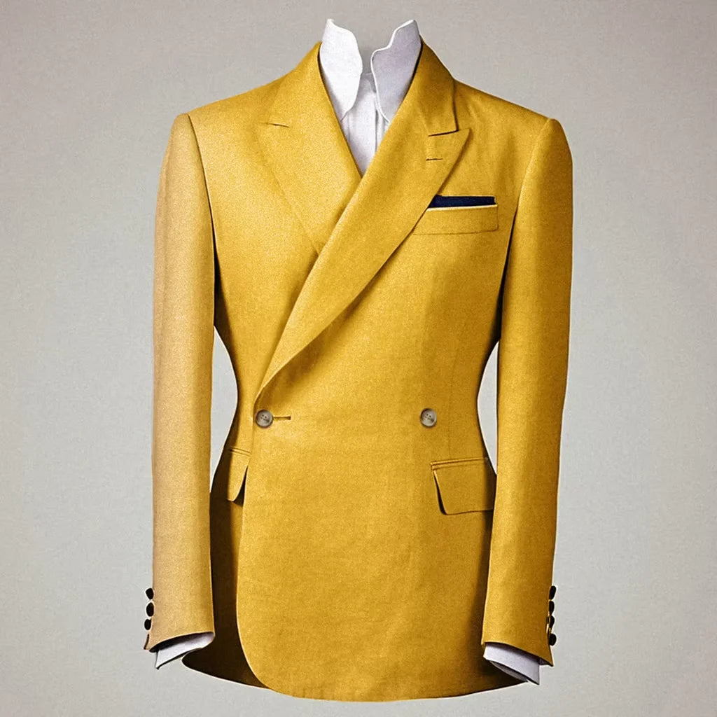 Elegant Men's Linen Cotton Blazer Double Breasted Slim Fit Peak Lapel Breathable Wrinkle Resistant Summer Sport Coat For Wedding