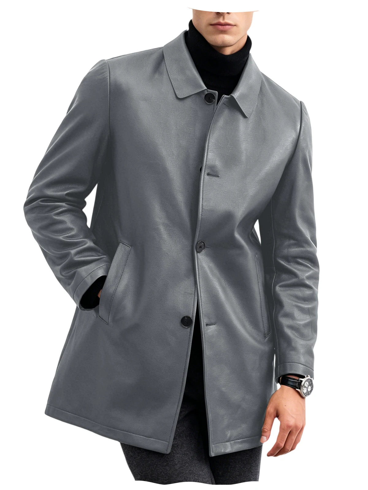 Men Premium Leather-Like Trench Coat Turn-Down Collar Single Breasted Mid-Length Overcoat Classic Slim Fit Business Casual Wear