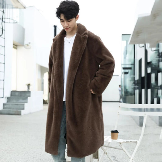 PFHQ Men's Imitation Fur Coat Over The Knee Warm 2024 Autumn Winter Solid Color Korea Fashion Male Trench Casual 21Z7621