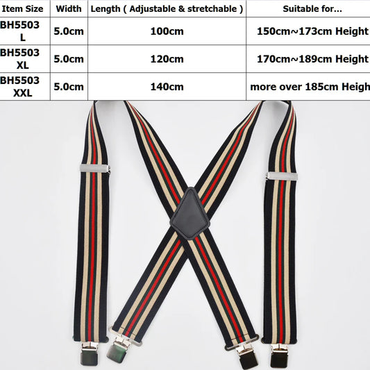 Heavy Duty Big Size Work  Strong clips Pants  Suspenders for Men 50mm Wide Adjustable Braces X Back Elastic Trouser red stripes