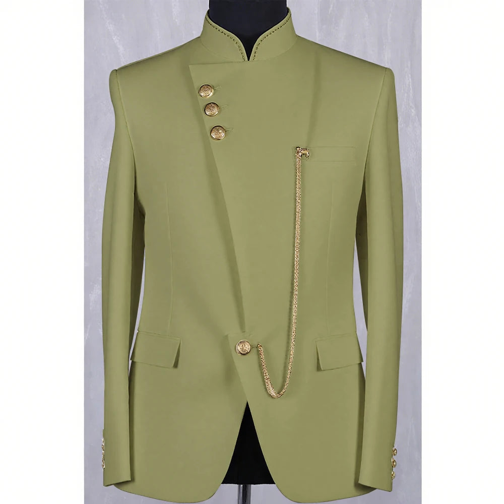 High Quality Blue Men Suit Casusl Blazer Single Breasted Stand Collar African Slim Fit Modern Style Outfits Jacket Pants
