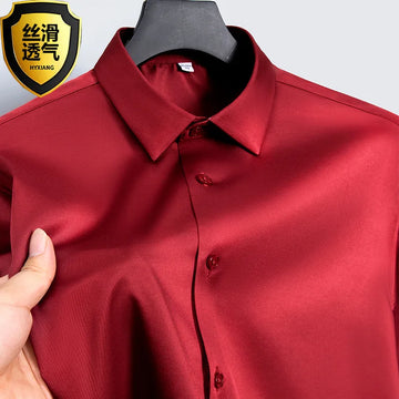 6XL Spring/Summer Formal Men's Fashion long-sleeved shirt Luxury wrinkle-proof non-ironed solid color business casual ice silk