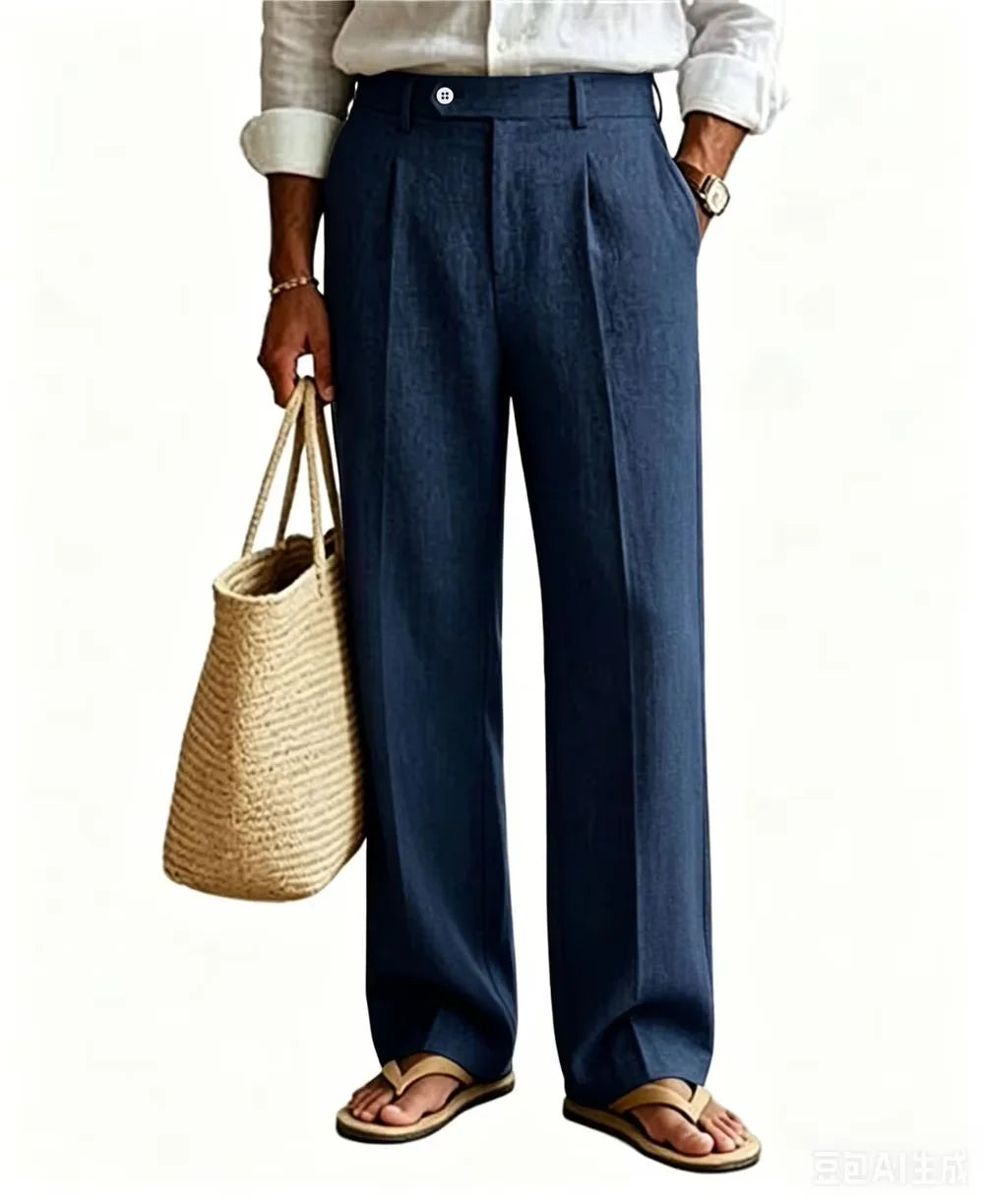 Men's Linen Beige Pants Straight Leg Trousers High Waist Pleated Lightweight Breathable Cool Summer Casual For Beach Vacation