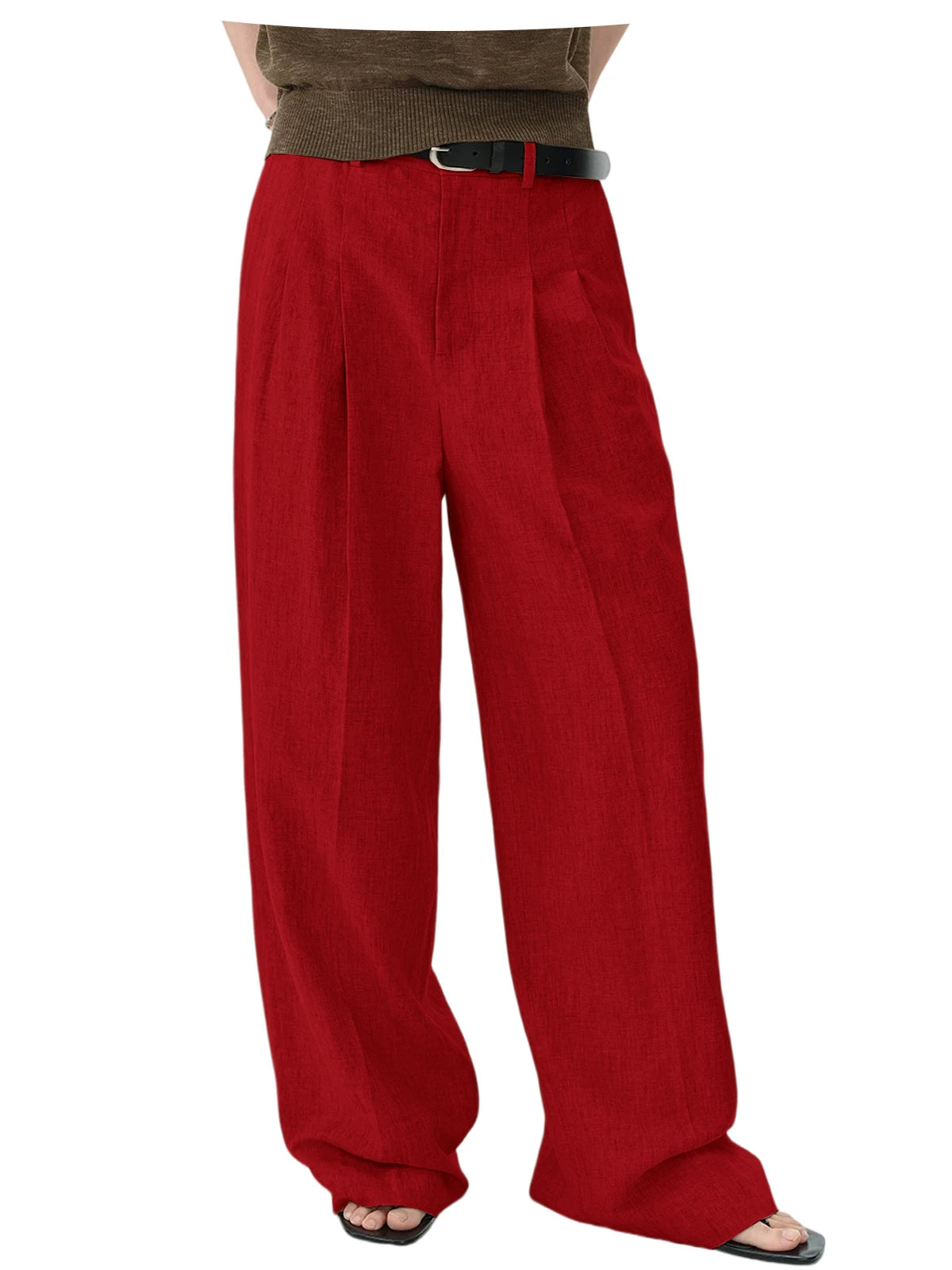 Men Linen Wide Leg Pants High Waist Pleated Casual Trousers Breathable Loose Straight Suit Pants Streetwear