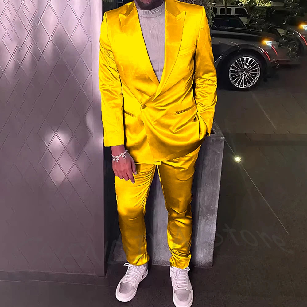 Silver Satin Men Suits 2 Piece Chic Peak Lapel Casual Daily Suit Single Button Formal Evening Party Tuxedo (Blazer+Pants)