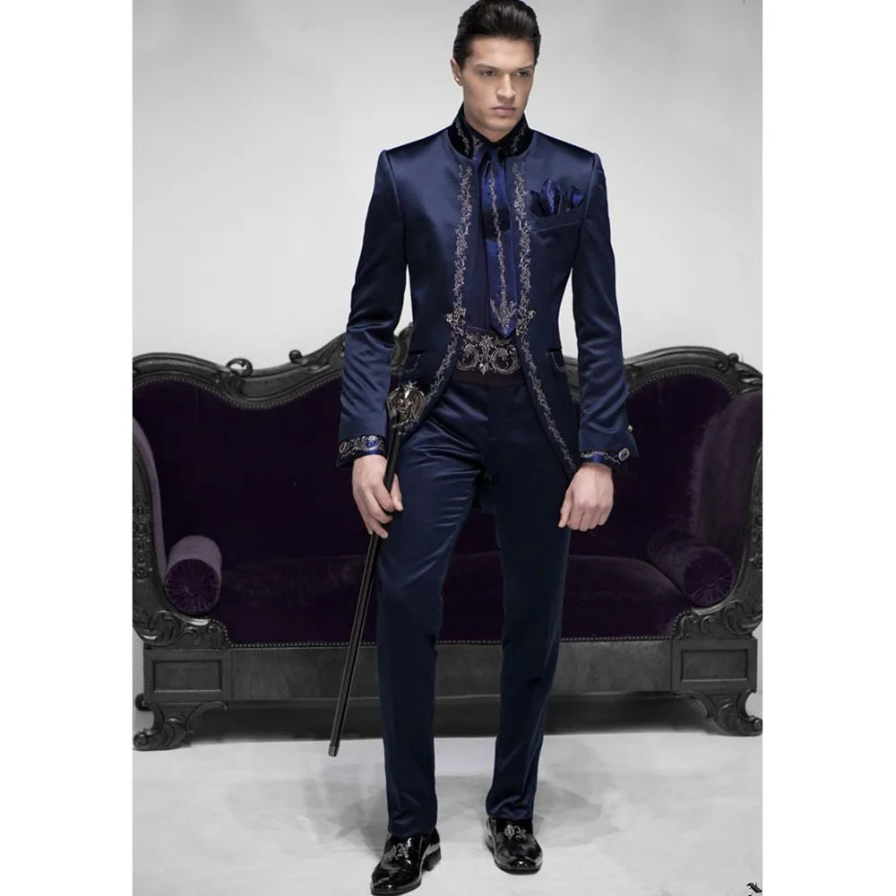 Tailor Made Italian Embroidery Navy Blue Men Suits Slim Fit Groom Prom Tuxedo 2 Piece Male Blazer Luxury Brand Jacket+Pant Terno