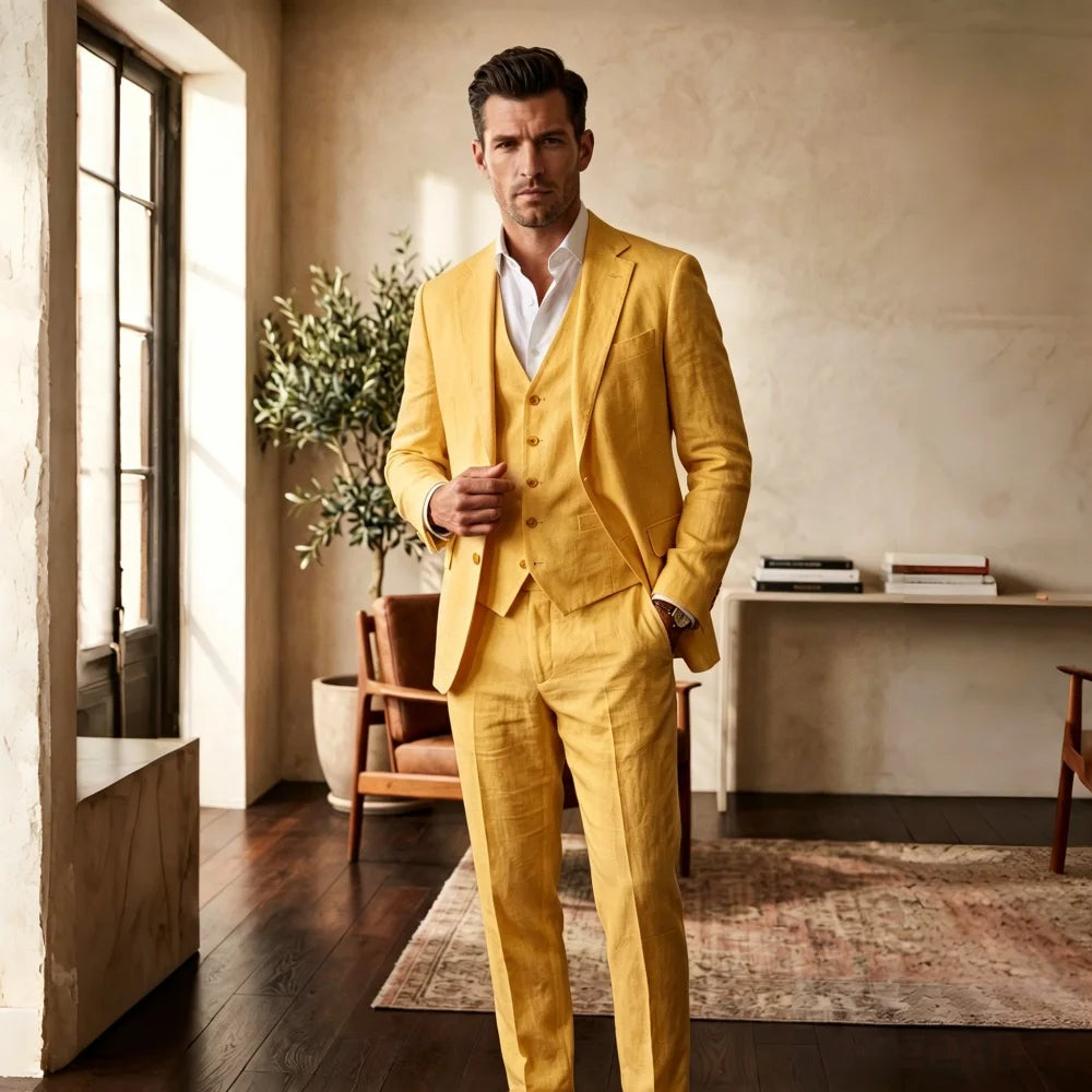 3 Pieces Linen Breathable Suit Separates Blazer with Vest Pants for Men Summer Beach Wedding Casual Party Suits for Men Suits