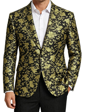 Men's Floral Jacquard Blazer Notched Lapel Two Button Flap Pockets Party Suit Jacket For Wedding Prom Nightclub Formal