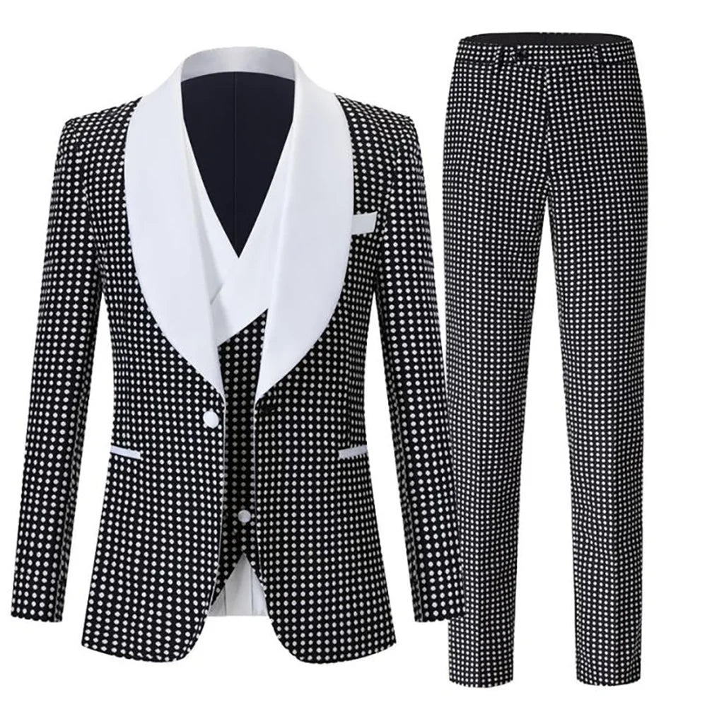 Black Dot Men Suit Classic Shawl Lapel Single Button Business Outfit Elegant Groom Wedding Set 3 Pieces(Jacket+Vest+Pants)
