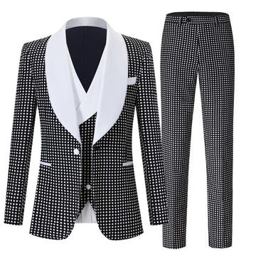 Black Dot Men Suit Classic Shawl Lapel Single Button Business Outfit Elegant Groom Wedding Set 3 Pieces(Jacket+Vest+Pants)