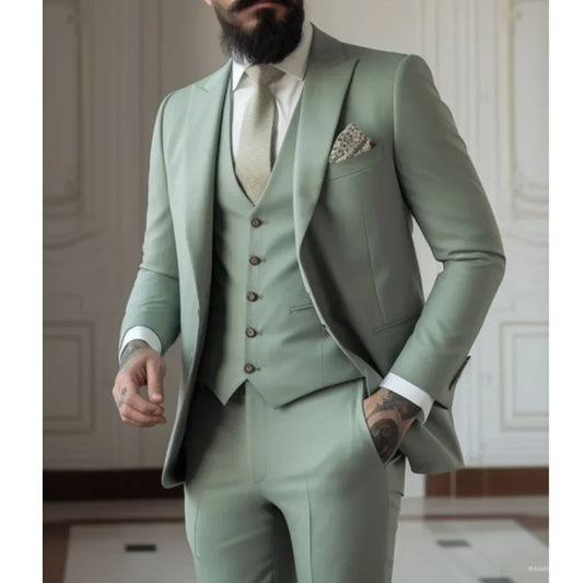 Sage Green Men's Slim Fit 3 Piece Suits (Jacket+Vest+Pant) Wedding Groom Tuxedos Prom Formal Male Party Blazers