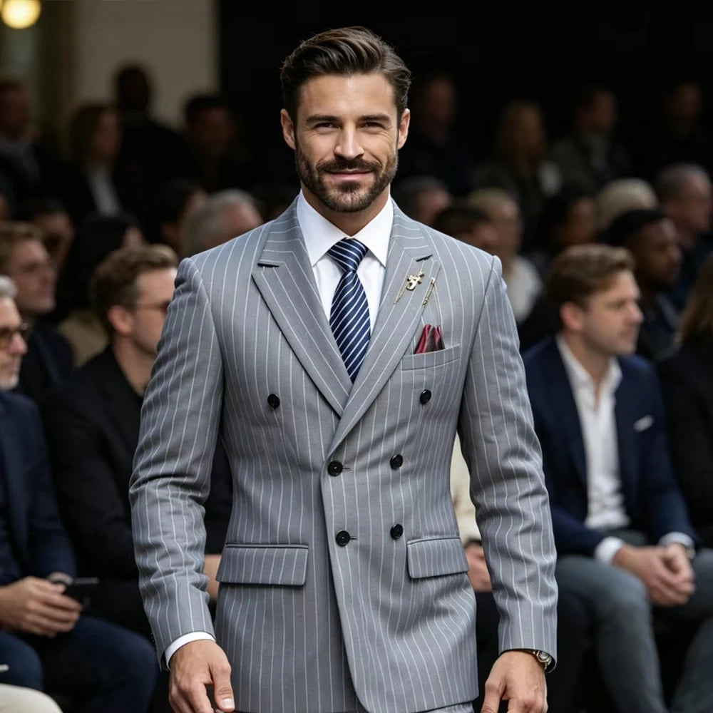 Men's Pinstripe Suit Set Classic Double Breasted Peak Lapel Slim Fit 2 Piece Blazer Pants For Business Formal Wedding