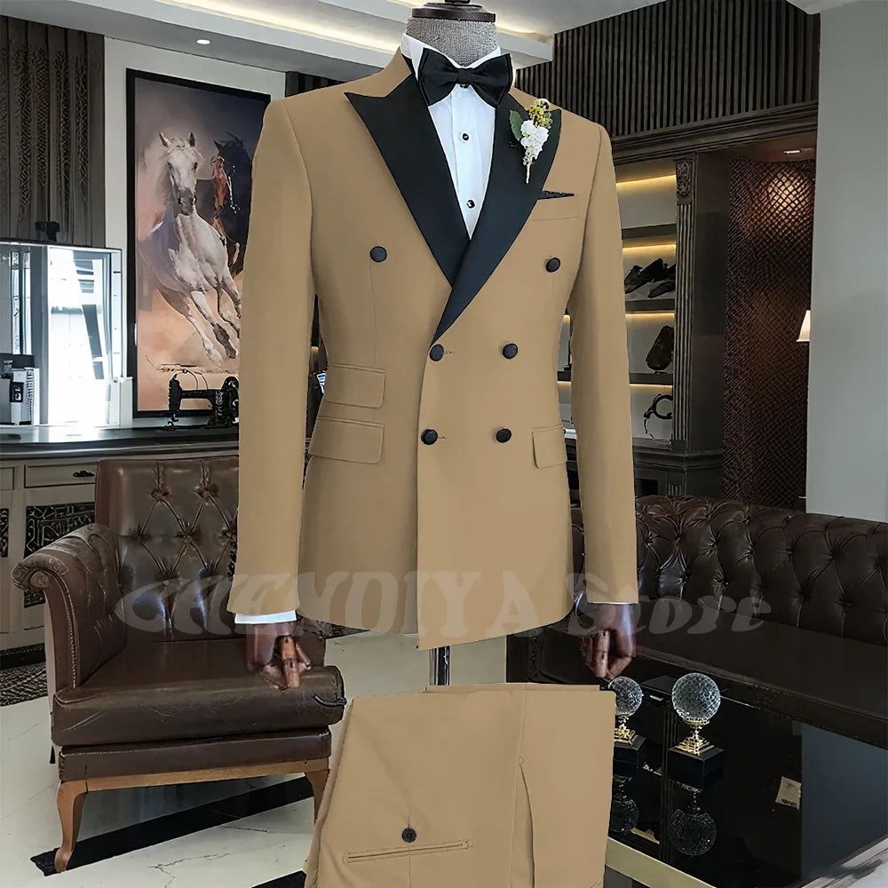 Elegant Men Suits Classic Double Breasted Peak Lapel Male Clothing 2 Piece Fashion Evening Party Business Prom Formal Set