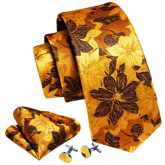 Elegant Mens Ties Gold Leaves Floral Silk Neck Tie Pocket Square Cufflinks Set Wedding Gift Free Shipping Barry·Wang 5966