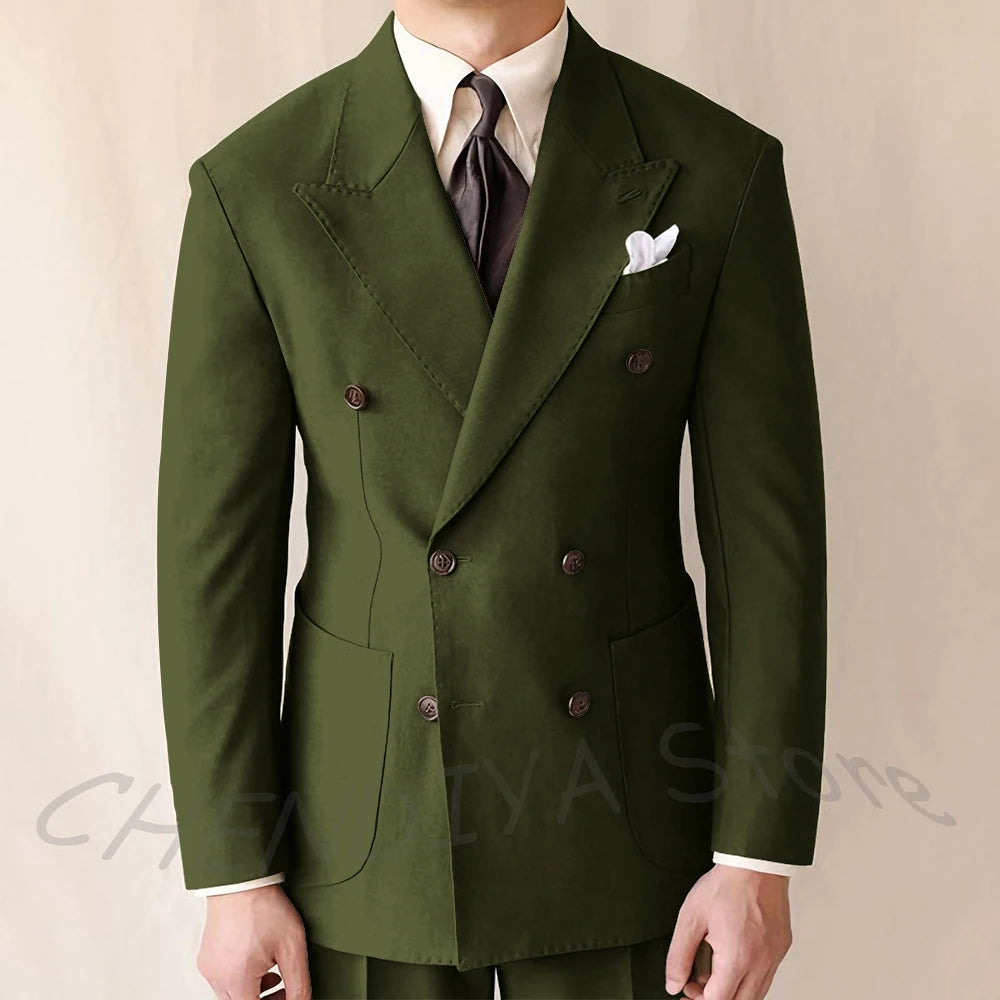British Style Men Suits Casual Business Double Breasted Suit Jacket Wedding Groom Business Social Banquet Tuxedo Costume