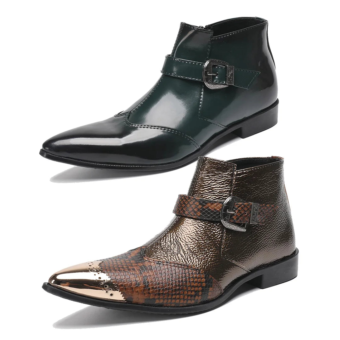 Fashionable Low Heel Business Shoes  New Metal Pointed Scalp Boots  Solid Color Leather Belt Buckle  Men's Ankle Boots