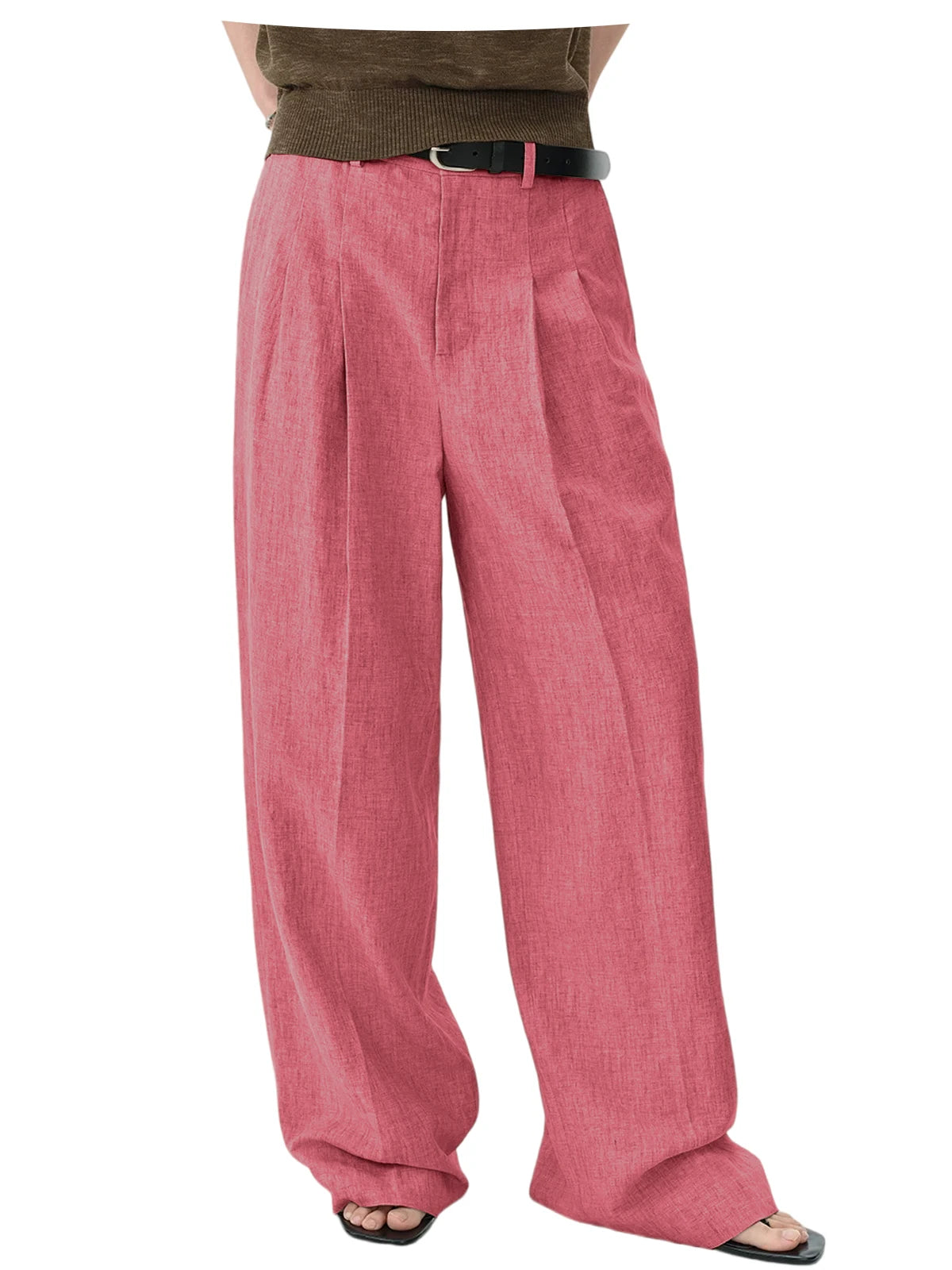 Men Linen Wide Leg Pants High Waist Pleated Casual Trousers Breathable Loose Straight Suit Pants Streetwear