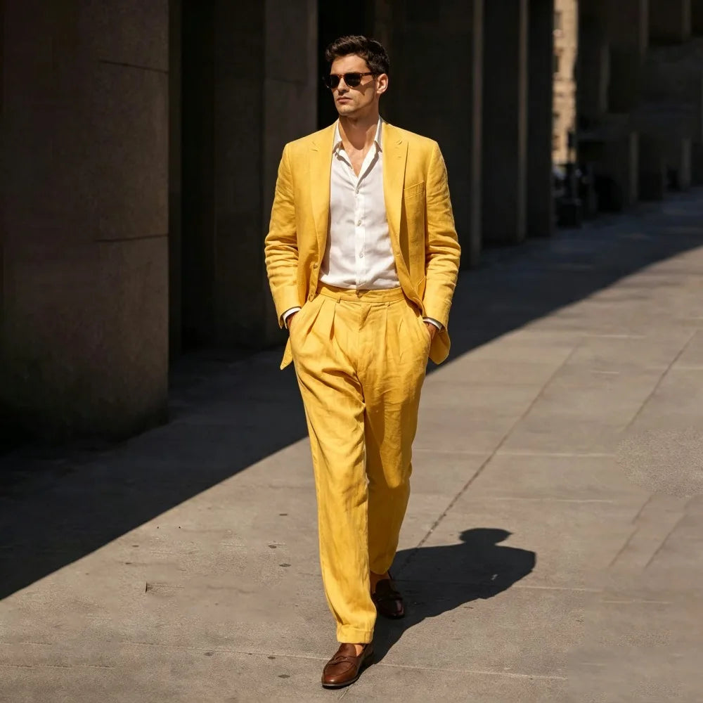 Beige Linen Prom Suits for Men 2 Pieces Wedding Tuxedo Slim Fit Groom Blazer Trousers Set Summer Formal Attire men suit set