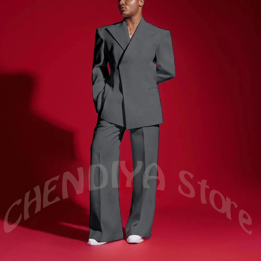 Elegant White Men Suit Peak Lapel Handsome Casual Male Clothing Two Pieces Jacket Pants Banquet Party Suits Set Straight