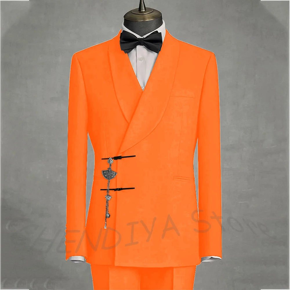Solid Black Men's Suits Slim Fit Double Button Business Pants Suit Tailored Prom Party Wedding 2 Piece Jacket With Pants