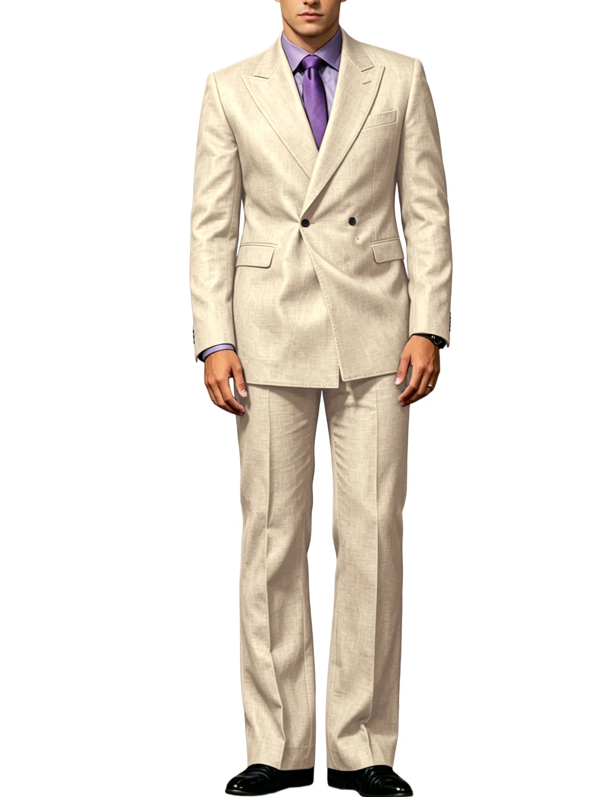Vintage Men's Beige Linen Suit Notched Lapel Double Breasted Formal Blazer Set Summer Lightweight Wedding Party Trousers Suit Fo