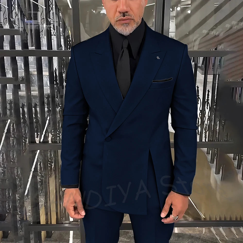 Classic Black Men Suits Single Button Double Split Formal Blazer Business Casual Party Prom Wedding Set 2 Piece Jacket Pants