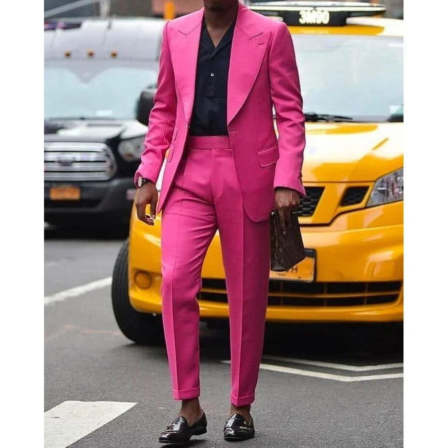 Fashion Hot Pink Men Suits Wedding Terno Clothing Single Breasted Peaked Lapel Double Pockets 2 Piece Jacket Pants Slim Fit