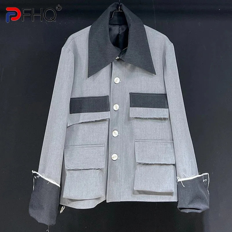 PFHQ Niche Korean Contrasting Jacket Men's Design Temperament 2024 Single Breast Long Sleeve Casual Male Blazer 21Z6182