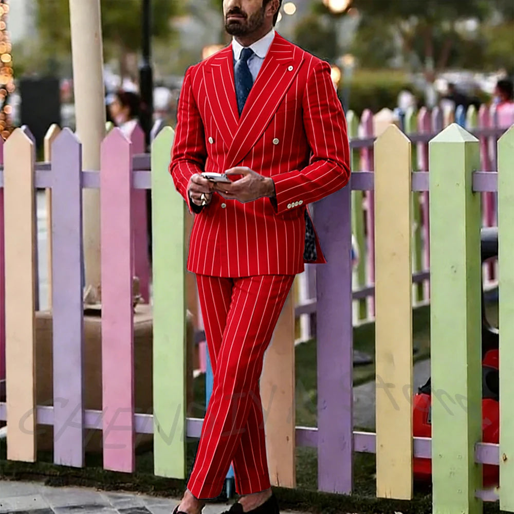 Light Purple Striped Men Suit England Style Peaked Lapel Double Breasted Classic Male Clothing Wedding Groom Tuxedo Custom Set