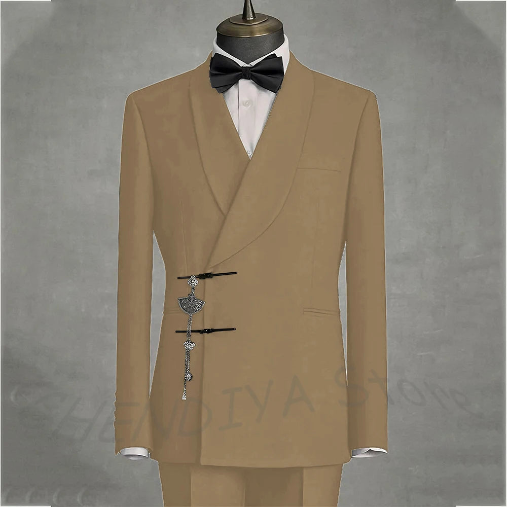 Solid Black Men's Suits Slim Fit Double Button Business Pants Suit Tailored Prom Party Wedding 2 Piece Jacket With Pants