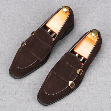 Fashion New Men's Pointed Toe Suede Leather Flats Shoes Male Designer Monk Strap Loafter Homecoming Wedding Dress Footwear