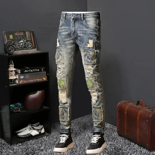 Broderie d'hiver d'automne jeans bleu tendance jeans confortable hommes de la mode de mode brisé patch slim fit élastique jeans