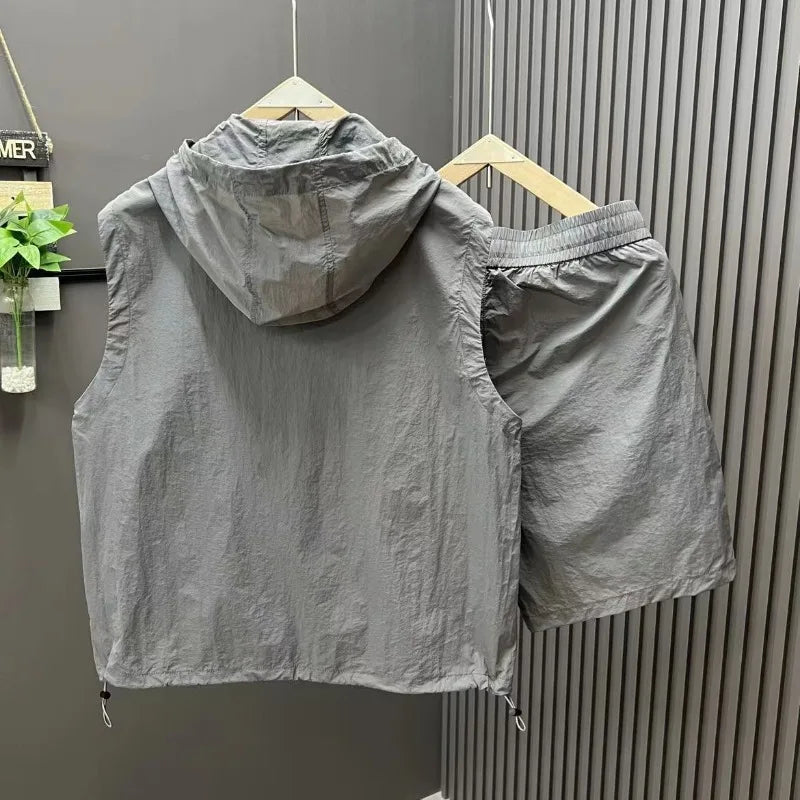 Hooded Pullover Waistcoat Shorts Single Piece/suit Men Summer New Korean Style Loose Casual Sleeves Hoody Elastic Waist Shorts